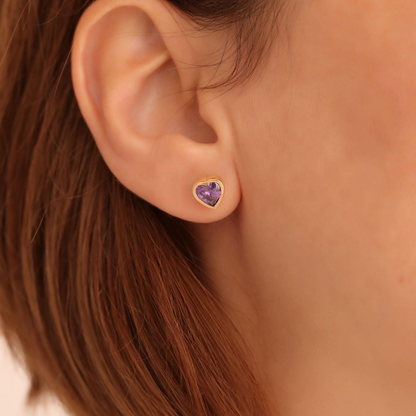 Amethyst Heart Bezel Stud Earrings 10K/14K Solid Gold, February Birthstone Jewelry