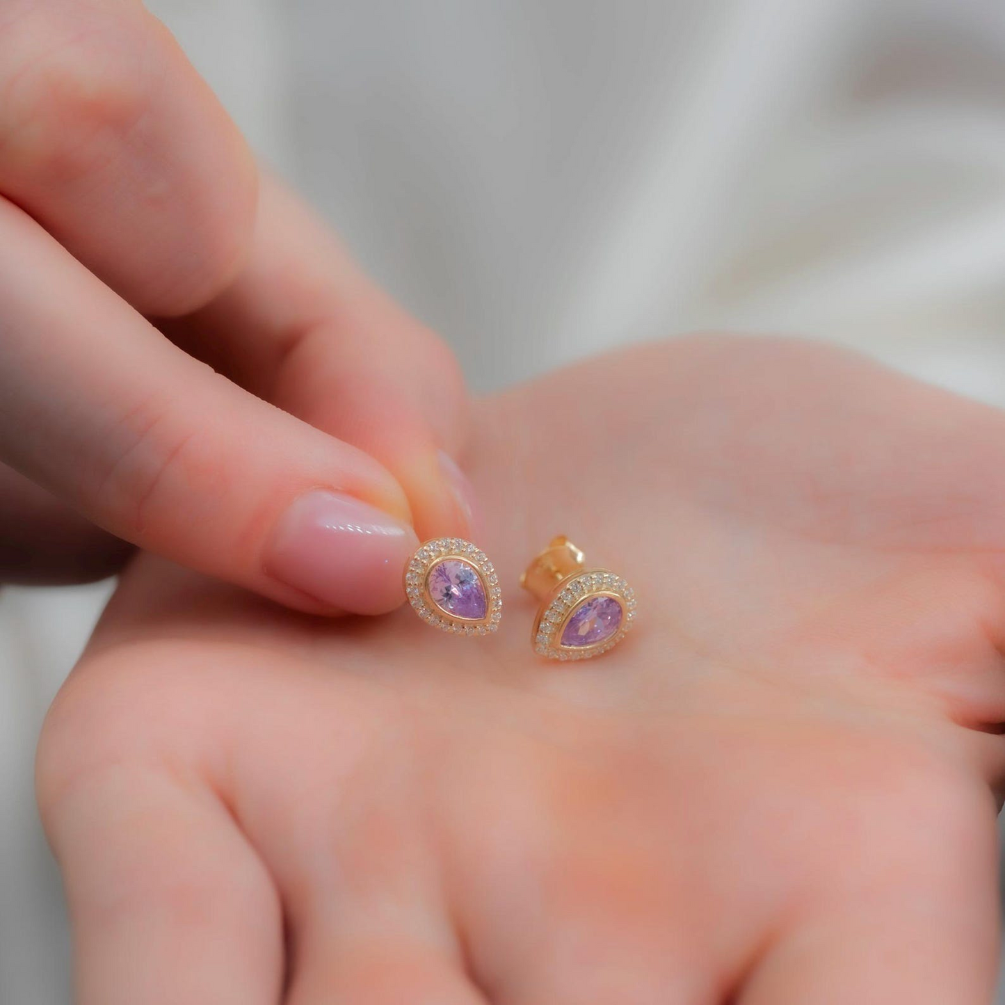 Alexandrite Bezel Drop Stud Earrings with Real Diamonds in 8K/10K/14K Solid Gold | June Birthstone Jewelry