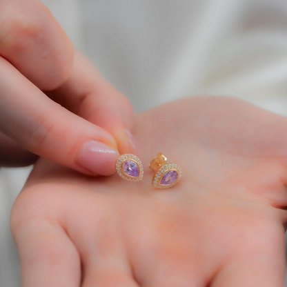 Alexandrite Bezel Drop Stud Earrings with Real Diamonds in 8K/10K/14K Solid Gold | June Birthstone Jewelry