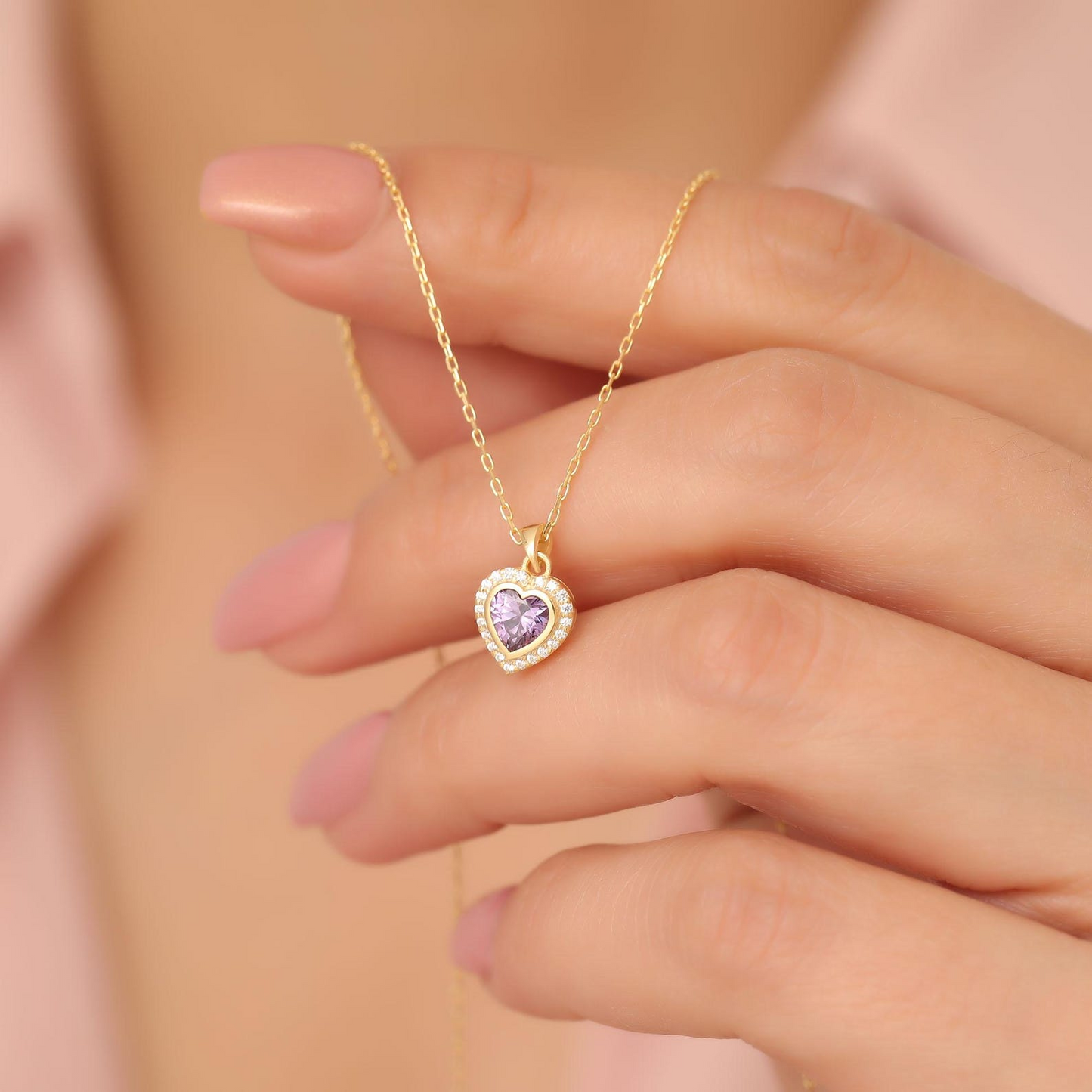 Amethyst Bezel Heart Necklace with Real Diamonds in 8K/10K/14K Solid Gold | February Birthstone Jewelry