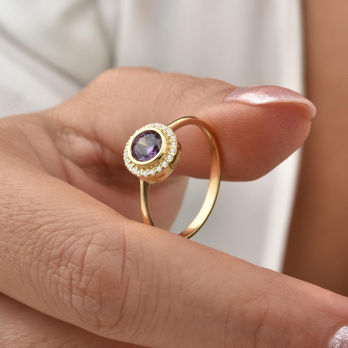 Amethyst Round Bezel Ring in 8K/10K/14K Solid Gold with Real Diamonds, February Birthstone Jewelry