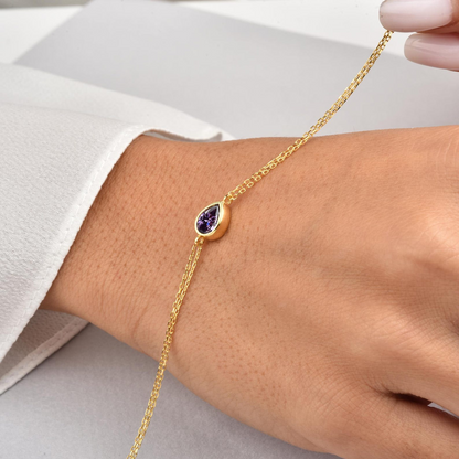 Amethyst Drop Bezel Bracelet in 10K/14K Solid Gold, February Birthstone Jewelry