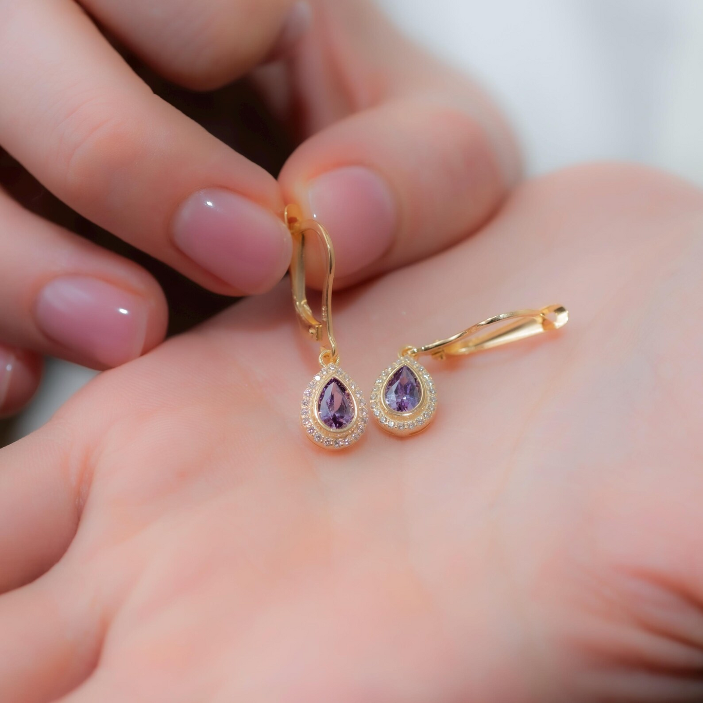 Amethyst Bezel Drop Dangle Earrings with Real Diamonds in 8K/10K/14K Solid Gold | February Birthstone Jewelry