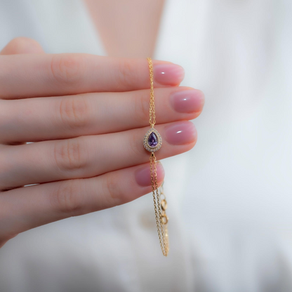 Amethyst Bezel Drop Bracelet with Real Diamonds in 8K/10K/14K Solid Gold | February Birthstone Jewelry