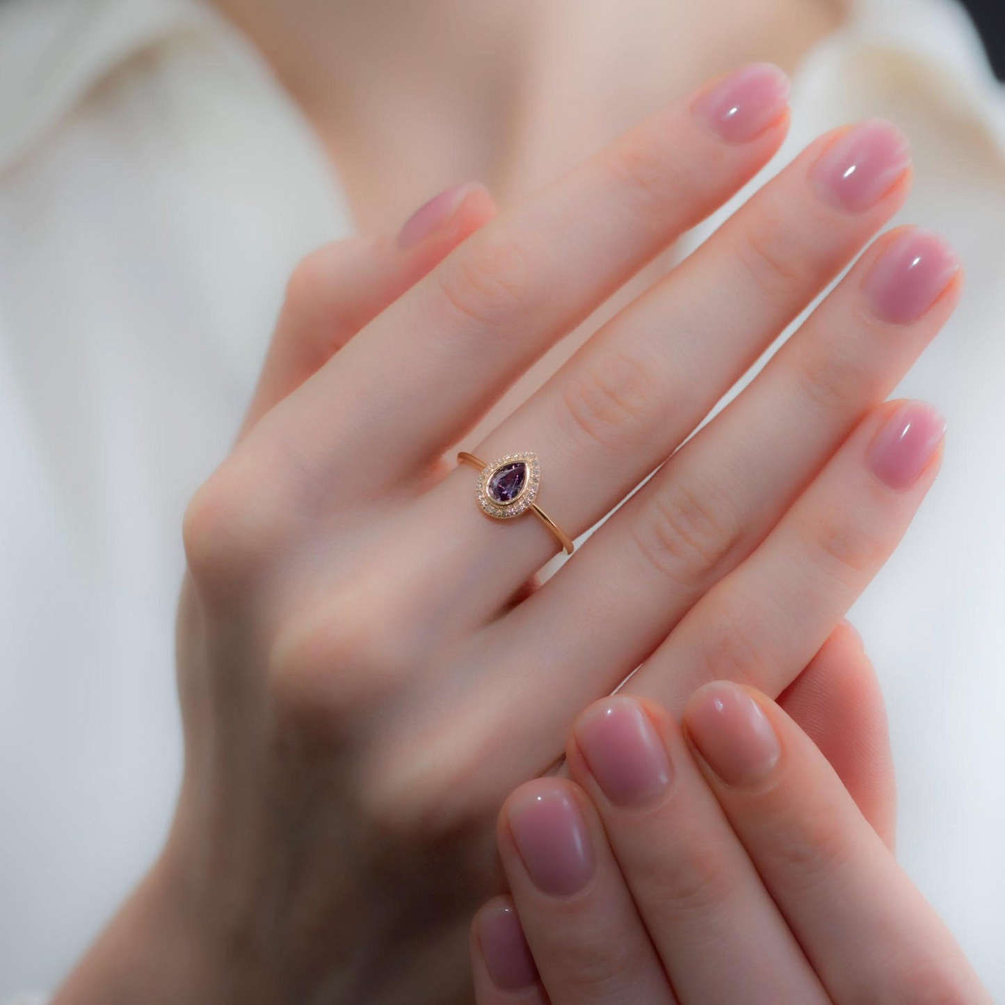 Amethyst Bezel Drop Ring with Real Diamonds in 8K/10K/14K Solid Gold | February Birthstone Jewelry