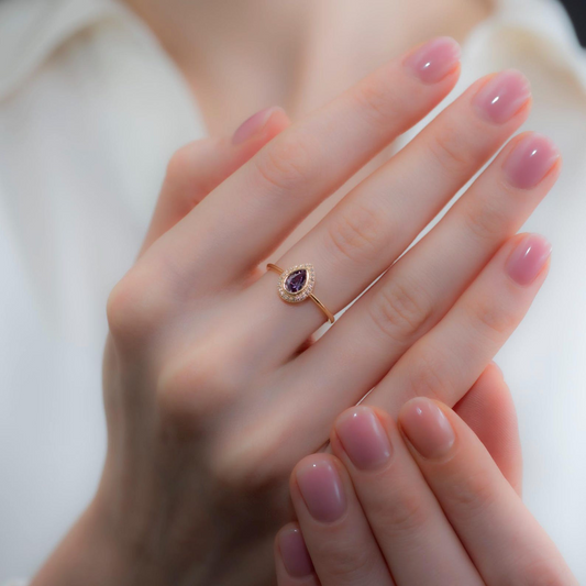 Amethyst Bezel Drop Ring with Real Diamonds in 8K/10K/14K Solid Gold | February Birthstone Jewelry