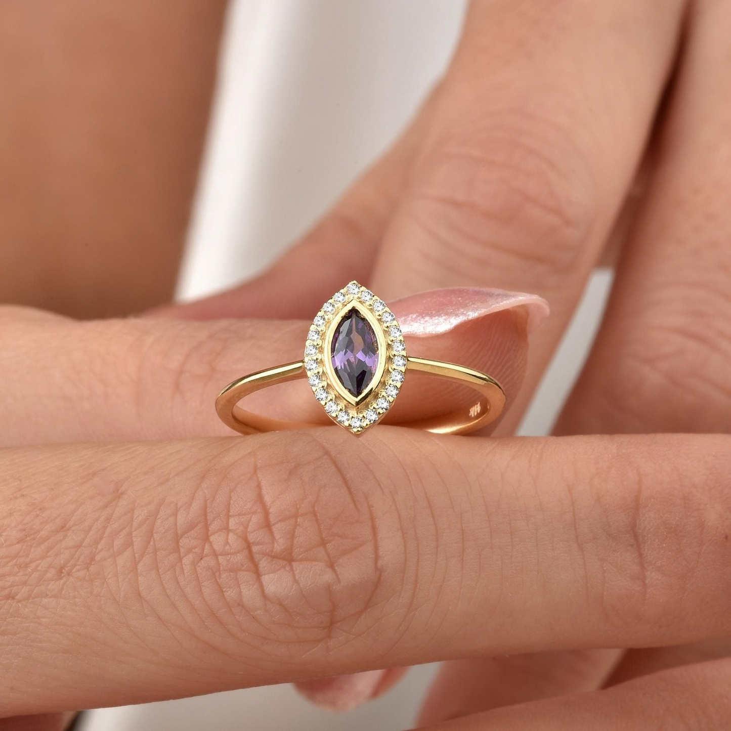Amethyst Bezel Marquise Ring with Real Diamonds in 8K/10K/14K Solid Gold | February Birthstone Jewelry