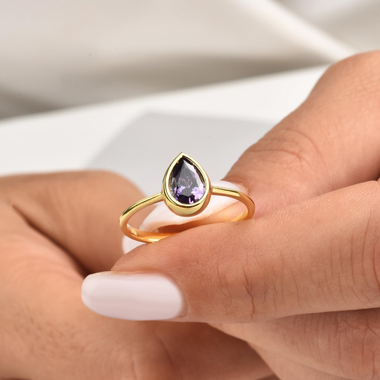 Amethyst Drop Bezel Ring 8K/10K/14K Solid Gold, February Birthstone Jewelry