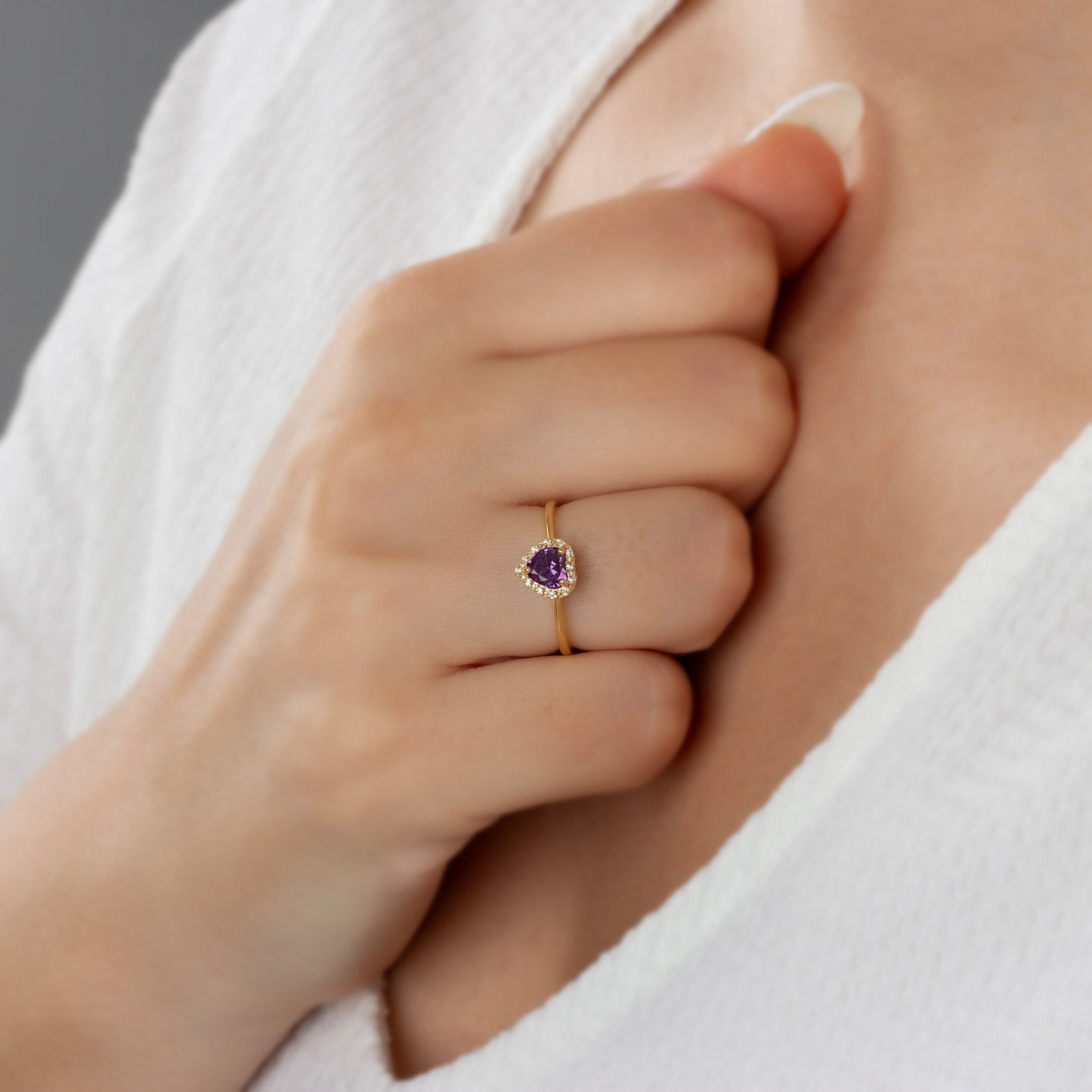Amethyst Bezel Heart Ring with Real Diamonds Halo in 8K/10K/14K Solid Gold | February Birthstone Jewelry