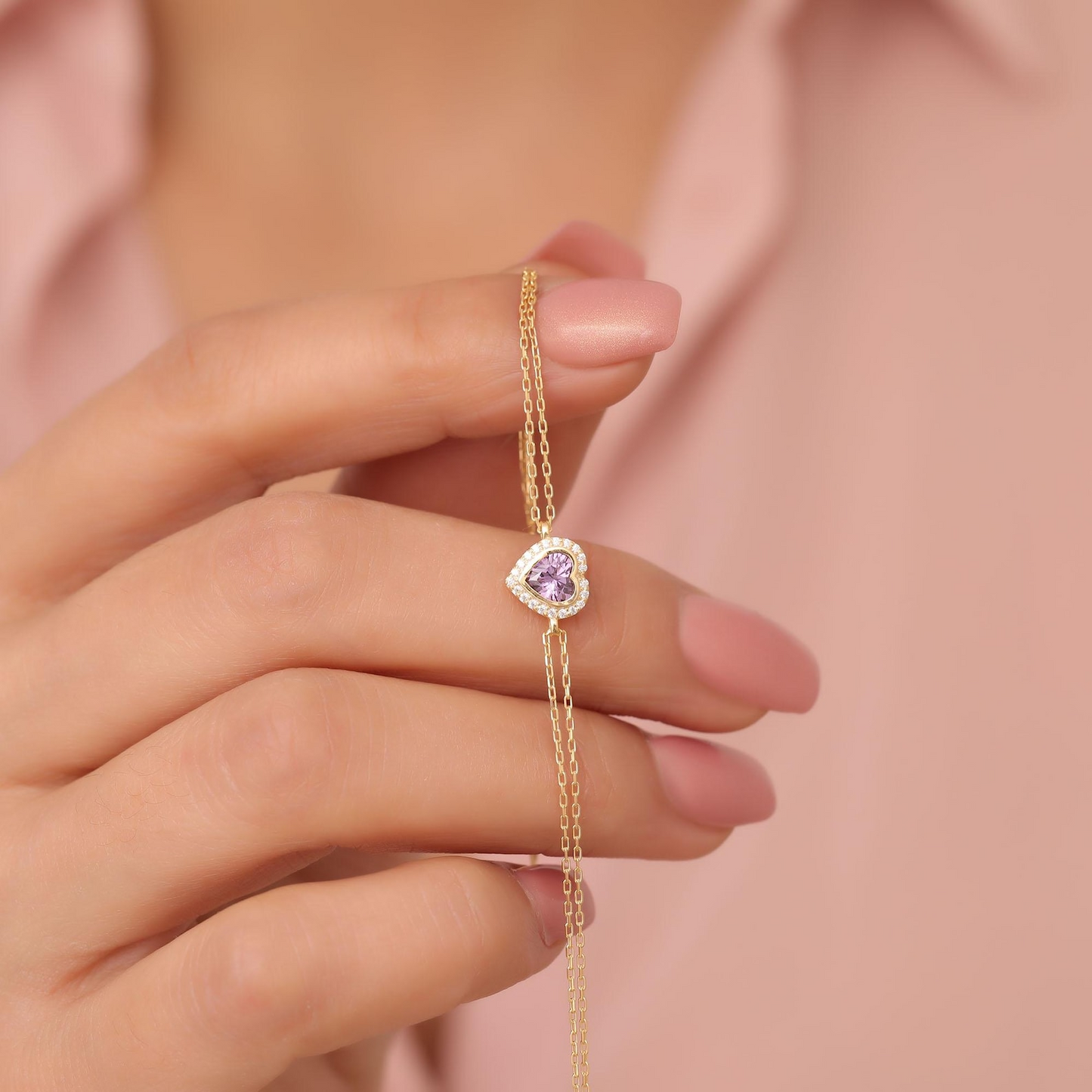 Amethyst Bezel Heart Bracelet with Real Diamonds in 8K/10K/14K Solid Gold | February Birthstone Jewelry