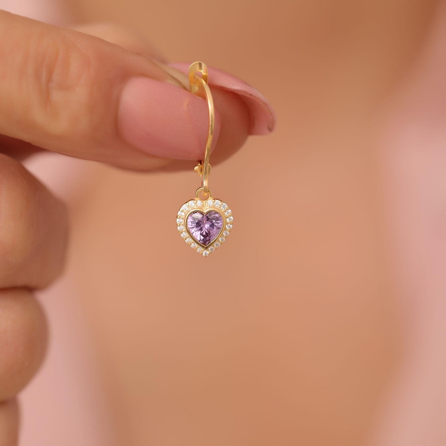 Amethyst Bezel Heart Dangle Earrings with Real Diamonds in 8K/10K/14K Solid Gold | February Birthstone Jewelry