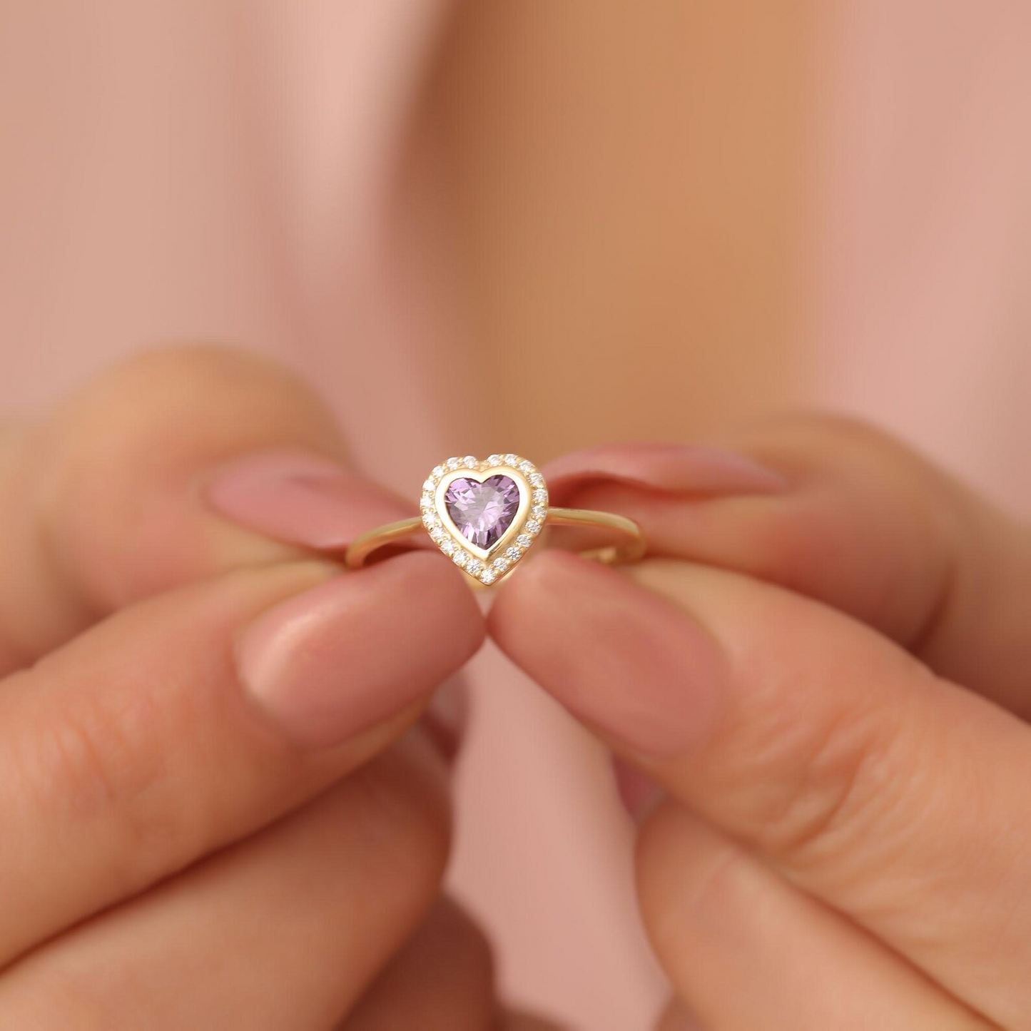Amethyst Bezel Heart Ring with Real Diamonds in 8K/10K/14K Solid Gold | February Birthstone Jewelry