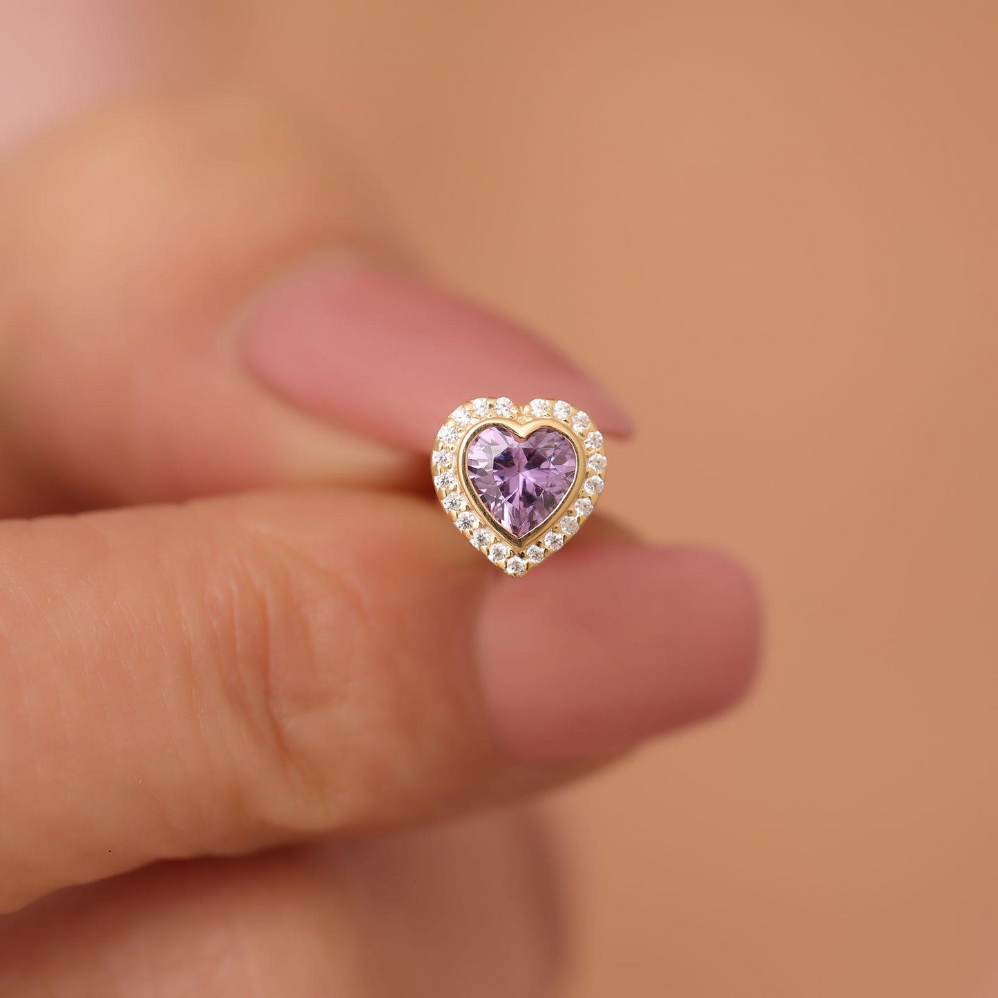 Amethyst Bezel Heart Stud Earrings with Real Diamonds in 10K/14K Solid Gold | February Birthstone Jewelry