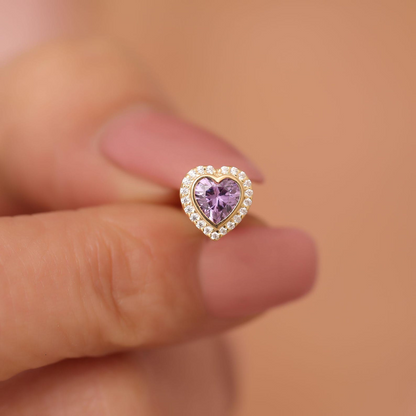 Amethyst Bezel Heart Stud Earrings with Real Diamonds in 10K/14K Solid Gold | February Birthstone Jewelry