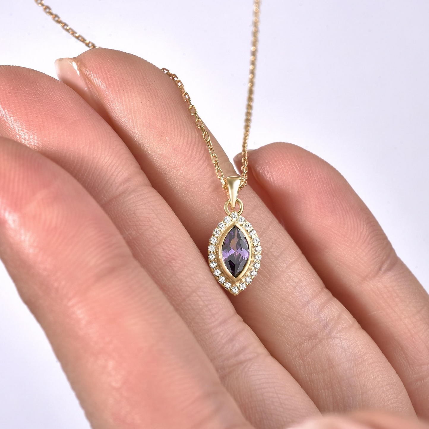 Amethyst Bezel Marquise Necklace with Real Diamonds in 8K/10K/14K Solid Gold | February Birthstone Jewelry