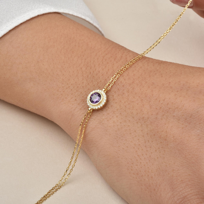 Amethyst Round Bezel Bracelet in 8K/10K/14K Solid Gold with Real Diamonds, February Birthstone Jewelry