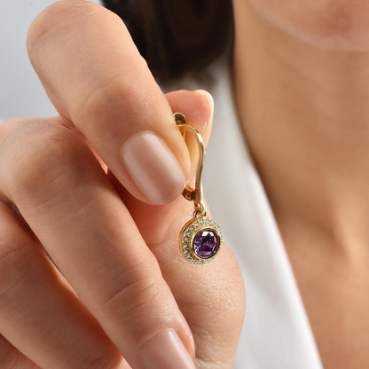Amethyst Round Bezel Dangle Earrings in 8K/10K/14K Solid Gold with Real Diamonds, February Birthstone Jewelry