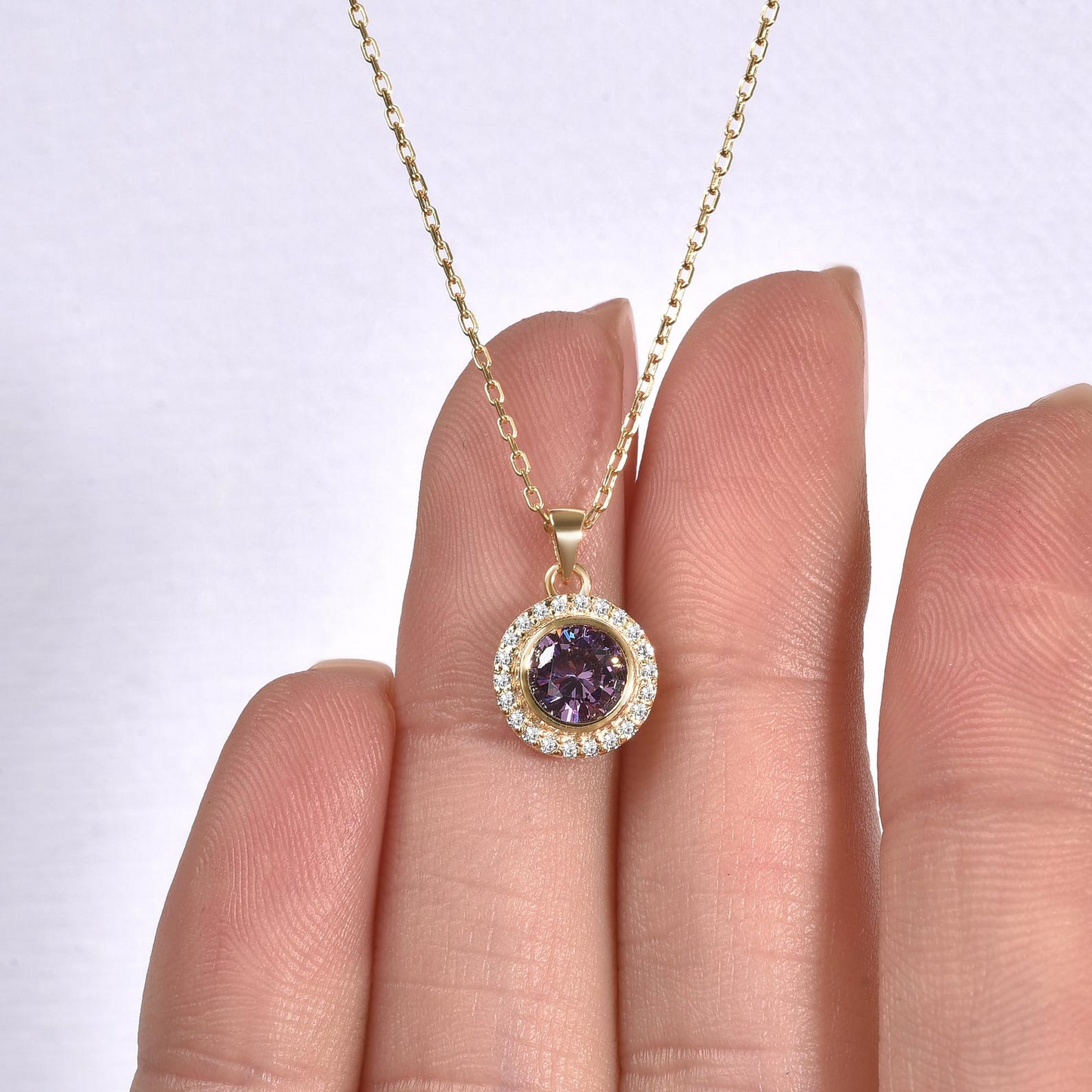 Amethyst Round Bezel Necklace in 8K/10K/14K Solid Gold with Real Diamonds, February Birthstone Jewelry