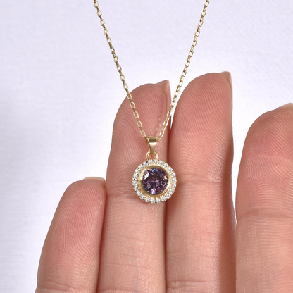 Amethyst Round Bezel Necklace in 8K/10K/14K Solid Gold with Real Diamonds, February Birthstone Jewelry