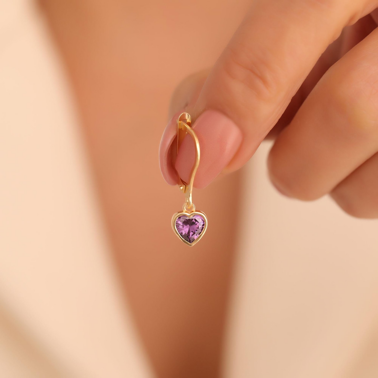 Amethyst Heart Cut Bezel Dangle Earrings 14K Solid Gold, February Birthstone Jewelry