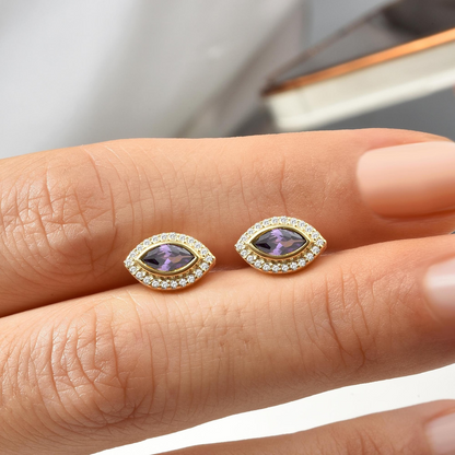 Amethyst Bezel Marquise Stud Earrings with Real Diamonds in 8K/10K/14K Solid Gold | February Birthstone Jewelry
