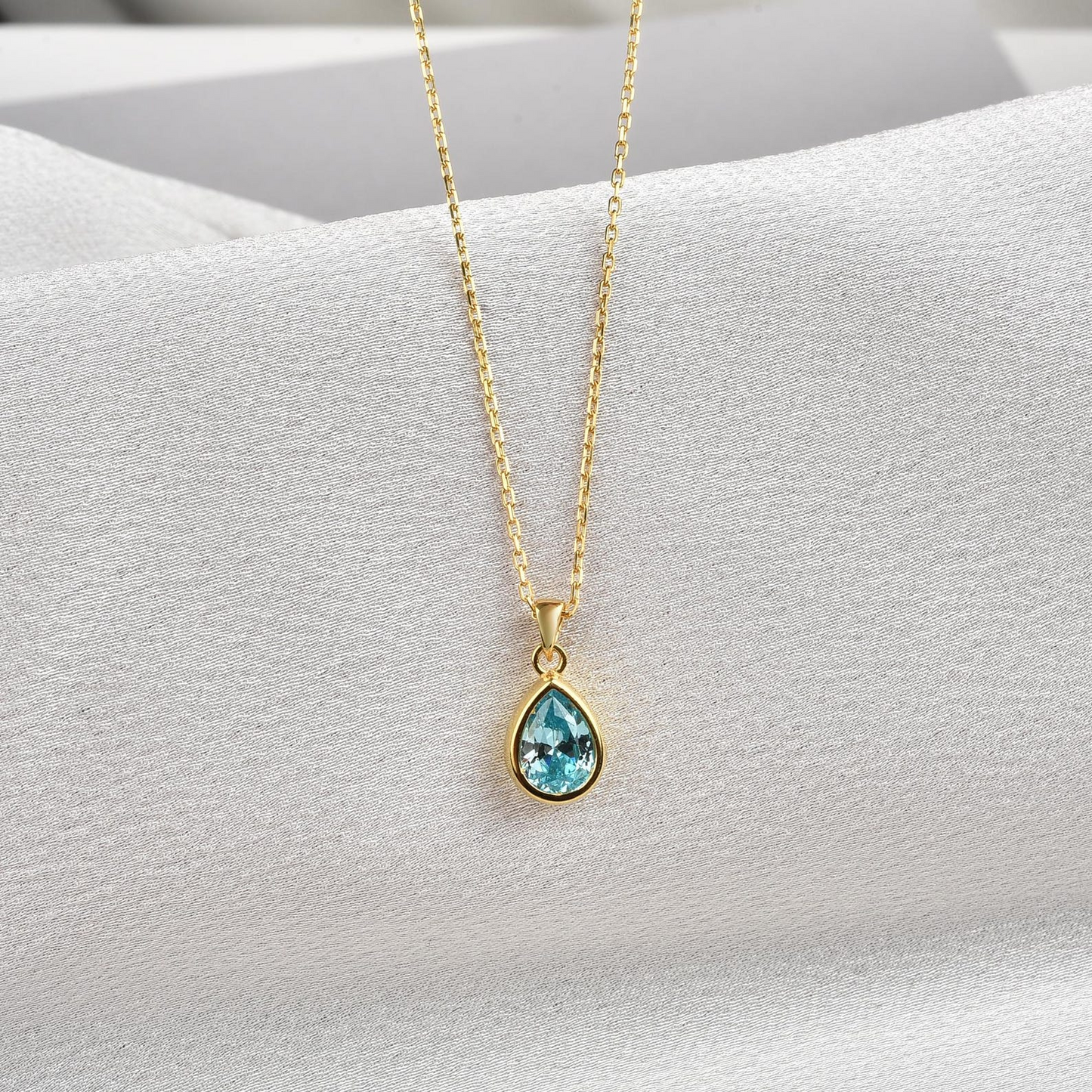 Aquamarine Bezel Drop Necklace 10K/14K Solid Gold, March Birthstone Jewelry
