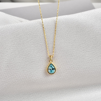 Aquamarine Bezel Drop Necklace 10K/14K Solid Gold, March Birthstone Jewelry