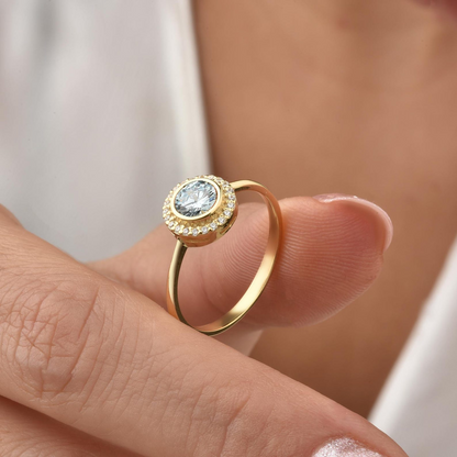 Aquamarine Round Bezel Ring in 8K/10K/14K Solid Gold with Real Diamonds, March Birthstone Jewelry
