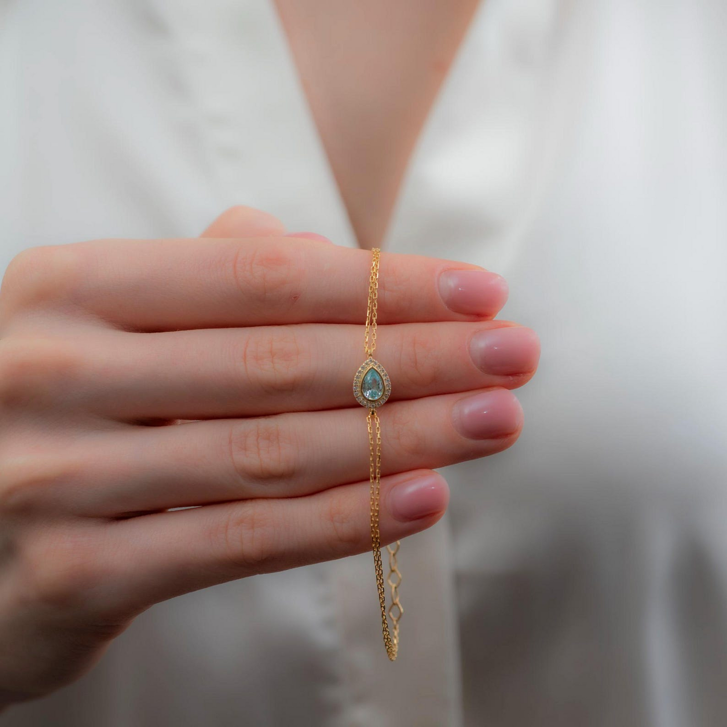 Aquamarine Bezel Drop Bracelet with Real Diamonds in 8K/10K/14K Solid Gold | March Birthstone Jewelry