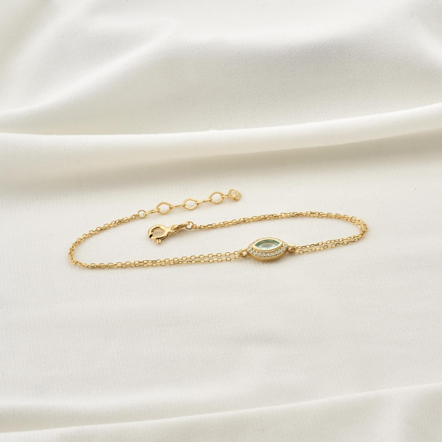 Aquamarine Bezel Marquise Bracelet with Real Diamonds in 8K/10K/14K Solid Gold | March Birthstone Jewelry