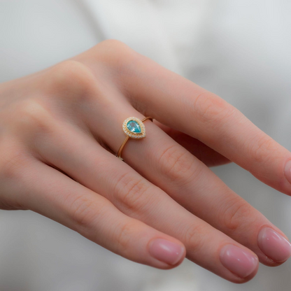 Aquamarine Bezel Drop Ring with Real Diamonds in 8K/10K/14K Solid Gold | March Birthstone Jewelry