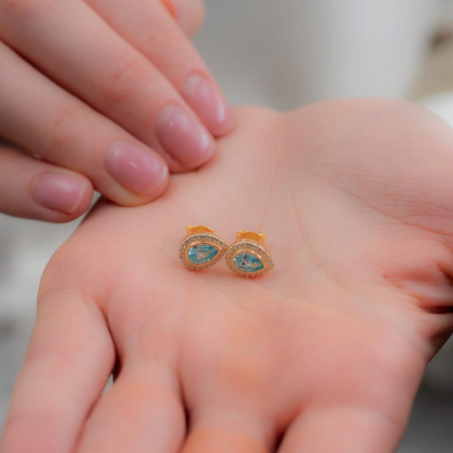 Aquamarine Bezel Drop Stud Earrings with Real Diamonds in 8K/10K/14K Solid Gold | March Birthstone Jewelry