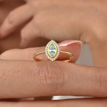 Aquamarine Bezel Marquise Ring with Real Diamonds in 8K/10K/14K Solid Gold | March Birthstone Jewelry