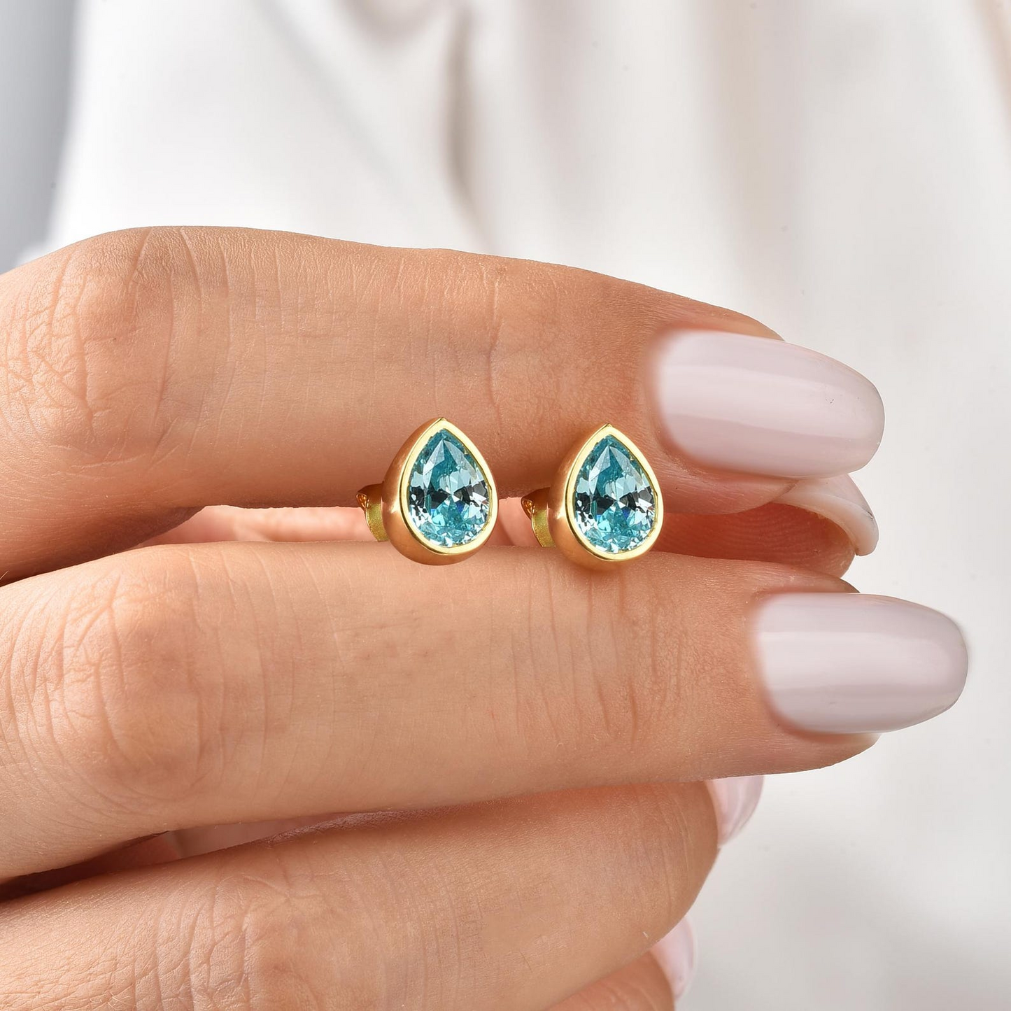 Aquamarine Drop Bezel Stud Earrings in 10K/14K Solid Gold, March Birthstone Jewelry