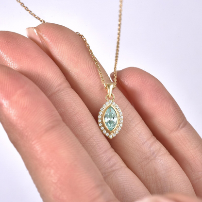 Aquamarine Bezel Marquise Necklace with Real Diamonds in 8K/10K/14K Solid Gold | March Birthstone Jewelry
