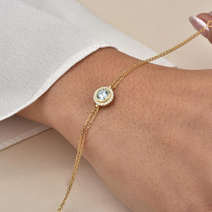 Aquamarine Round Bezel Bracelet in 8K/10K/14K Solid Gold with Real Diamonds, March Birthstone Jewelry