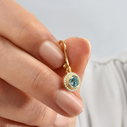 Aquamarine Round Bezel Dangle Earrings in 8K/10K/14K Solid Gold with Real Diamonds, March Birthstone Jewelry