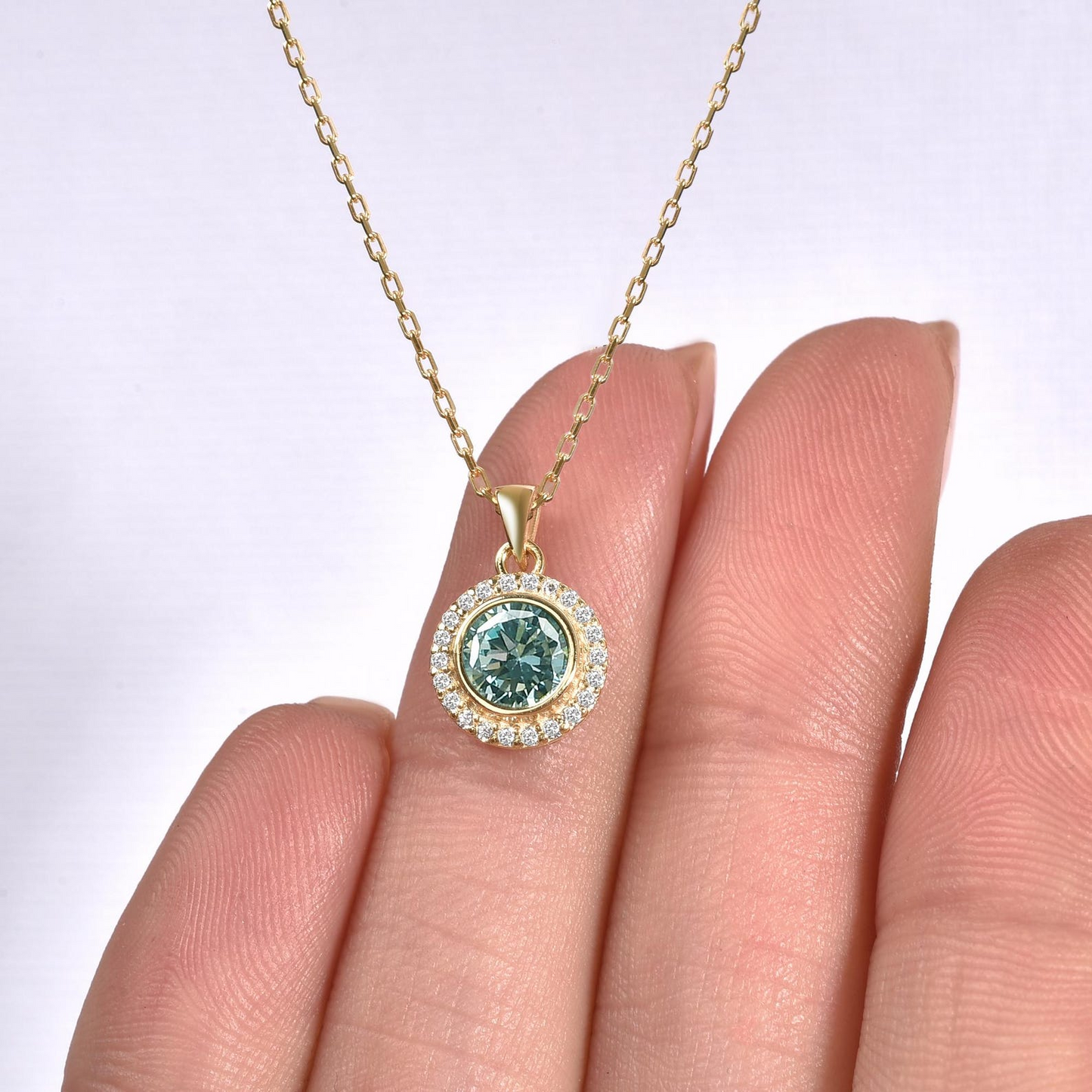 Aquamarine Round Bezel Necklace in 8K/10K/14K Solid Gold with Real Diamonds, March Birthstone Jewelry