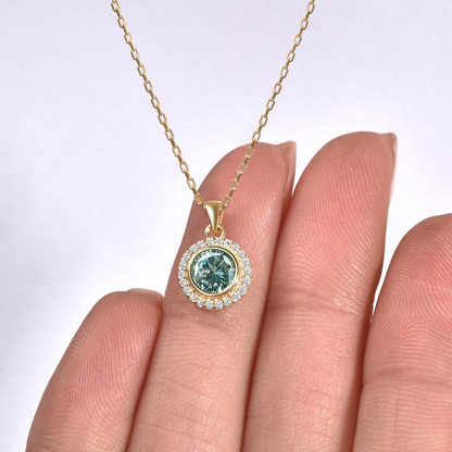 Aquamarine Round Bezel Necklace in 8K/10K/14K Solid Gold with Real Diamonds, March Birthstone Jewelry
