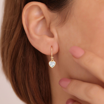Aquamarine Heart Cut Bezel Dangle Earrings 14K Solid Gold, March Birthstone Jewelry
