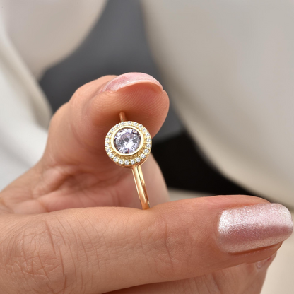 Alexandrite Round Bezel Ring in 8K/10K/14K Solid Gold with Real Diamonds, June Birthstone Jewelry