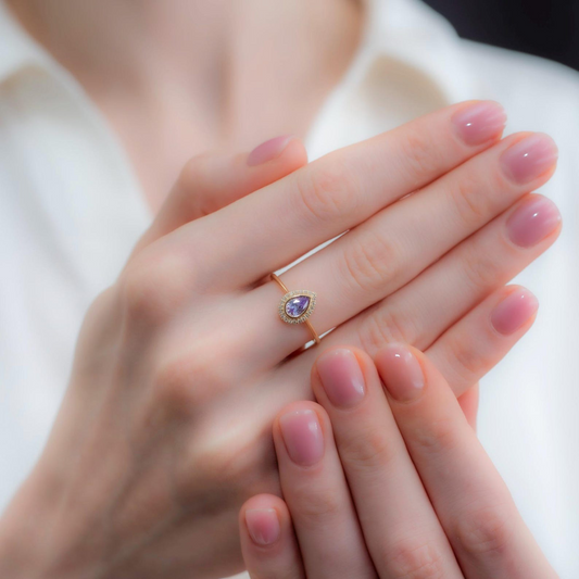 Alexandrite Bezel Drop Ring with Real Diamonds in 8K/10K/14K Solid Gold | June Birthstone Jewelry