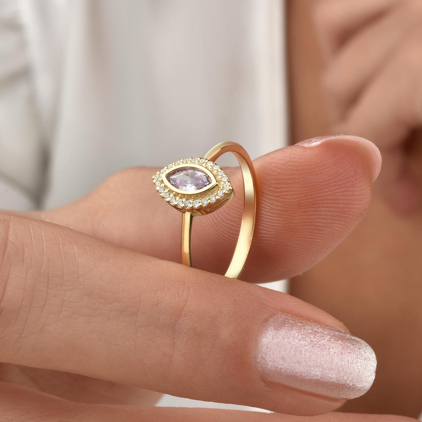 Alexandrite Bezel Marquise Ring with Real Diamonds in 8K/10K/14K Solid Gold | June Birthstone Jewelry