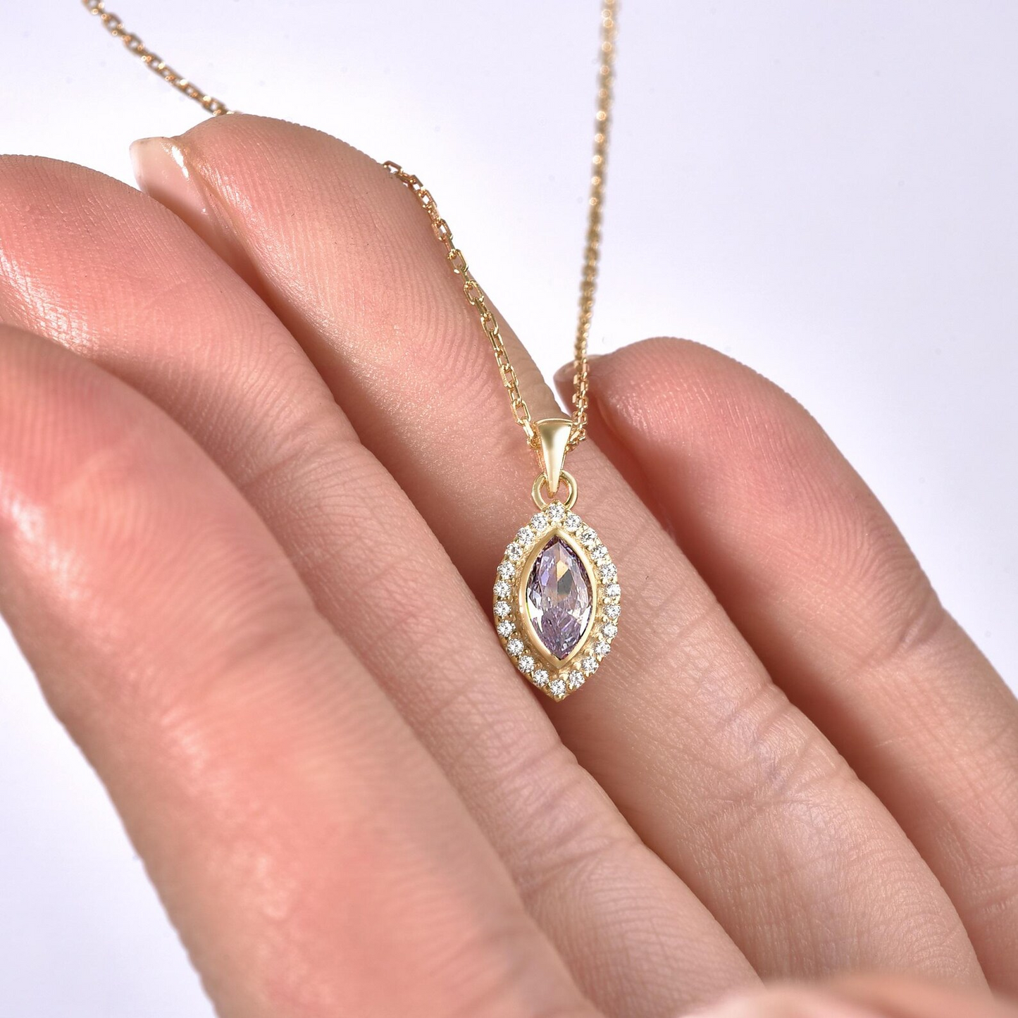 Alexandrite Bezel Marquise Necklace with Real Diamonds in 8K/10K/14K Solid Gold | June Birthstone Jewelry
