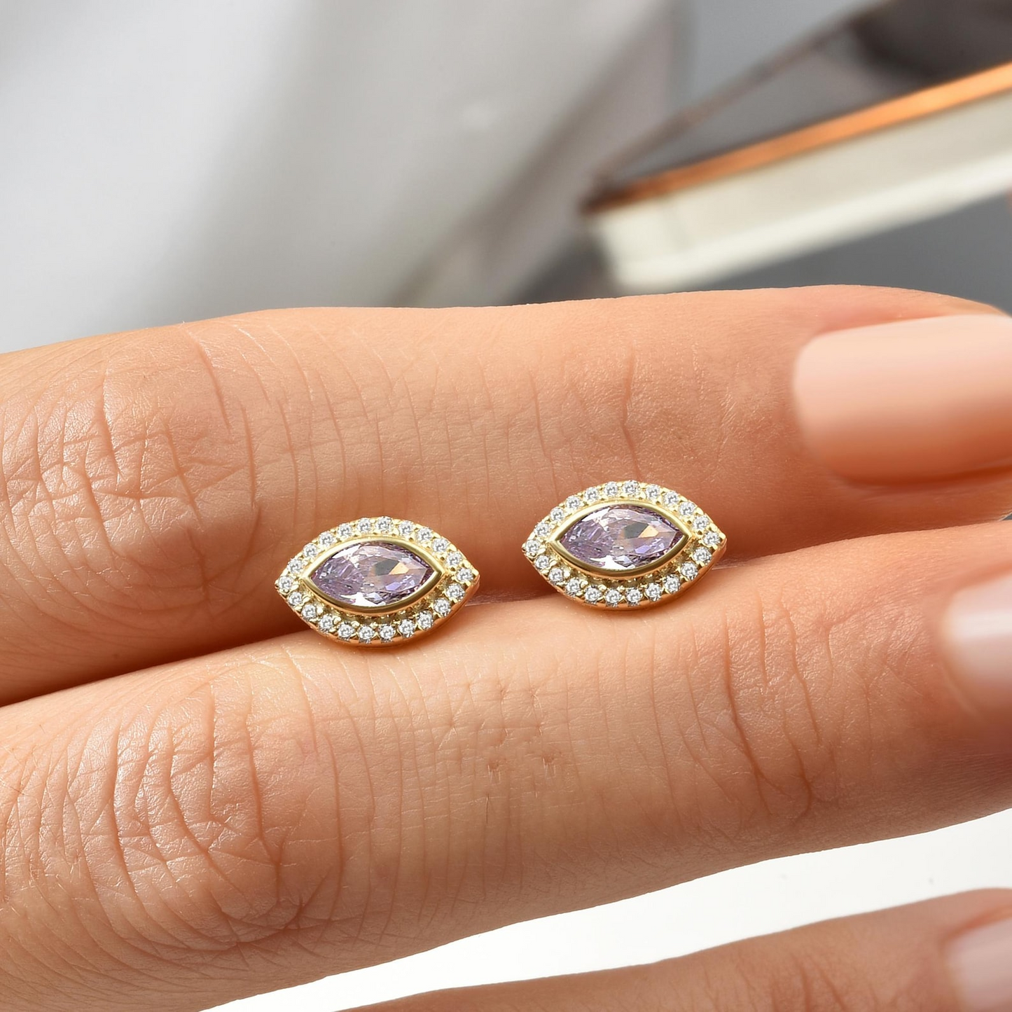 Alexandrite Bezel Marquise Stud Earrings with Real Diamonds in 8K/10K/14K Solid Gold | June Birthstone Jewelry