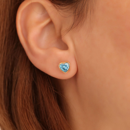Blue Topaz Heart Bezel Cut Stud Earrings 10K/14K Solid Gold, December Birthstone Jewelry