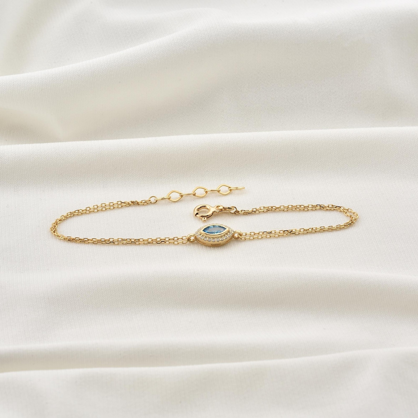 Blue Topaz Bezel Marquise Bracelet with Real Diamonds in 8K/10K/14K Solid Gold | December Birthstone Jewelry