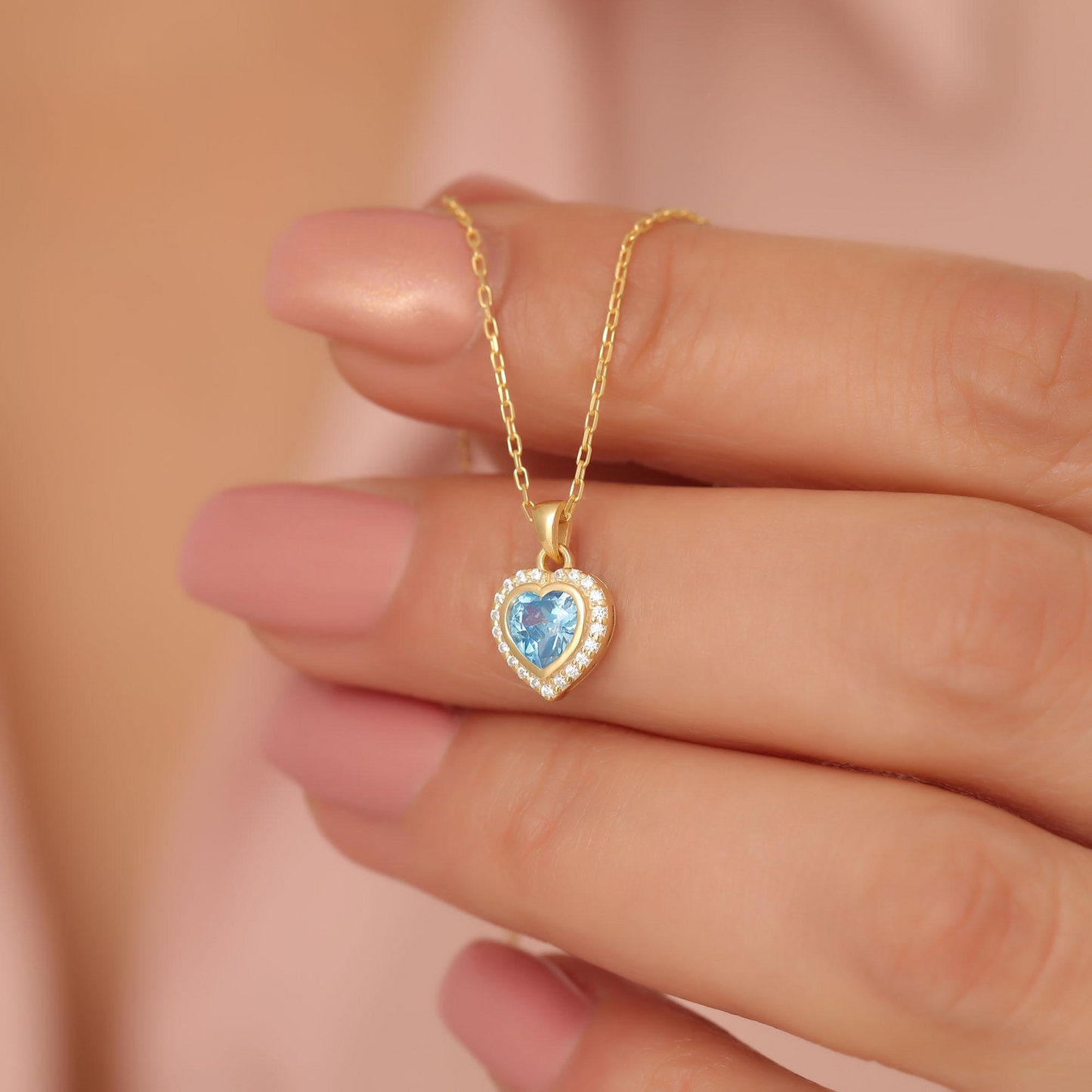 Blue Topaz Bezel Heart Necklace with Real Diamonds in 8K/10K/14K Solid Gold | December Birthstone Jewelry
