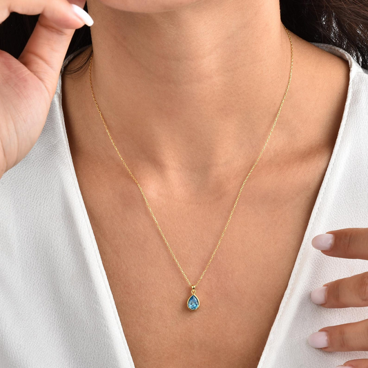 Blue Topaz Bezel Drop Necklace 10/14K Solid Gold, December Birthstone Jewelry