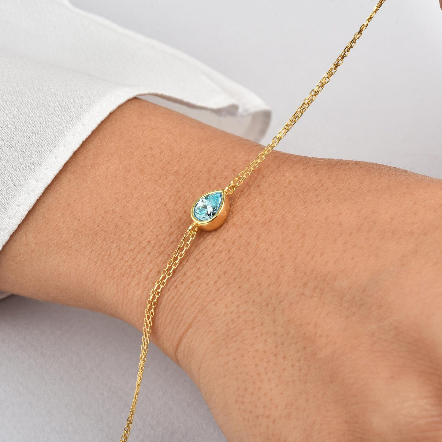 Blue Topaz Drop Bezel Bracelet in 10K/14K Solid Gold, December Birthstone Jewelry